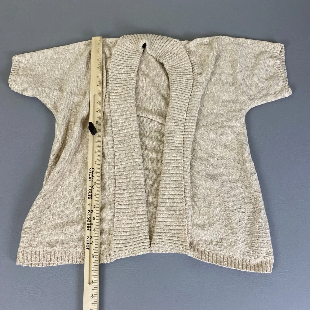VERVE Cardigan Sweater Women's 1X Beige Metallic Knit Short Sleeve Open Front‎